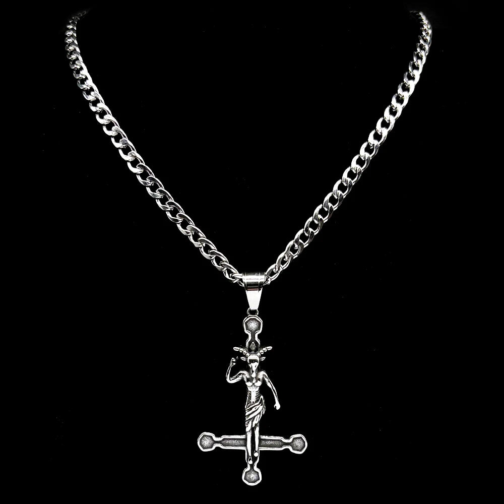 Baphomet Goat Satanic Satan Demon Devil Inverted Cross Pendant Necklace for Women Men Stainless Steel Silver Color Retro Jewelry