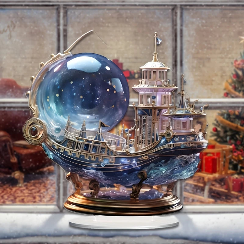 2D Bohemian Style 8in Acrylic Purple Crystal Ship Figurine Flat Mysterious Sailing Ship Decoration for Bedroom Office Desk