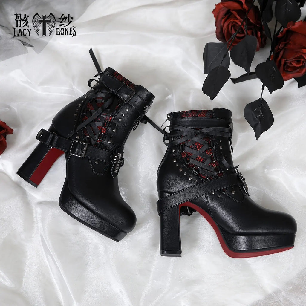 Punk Gothic Style Chunky Heel Ankle Boots For Women Black Leather With Red Sole Cross & Rivet Decor Aesthetic Lolita Footwear