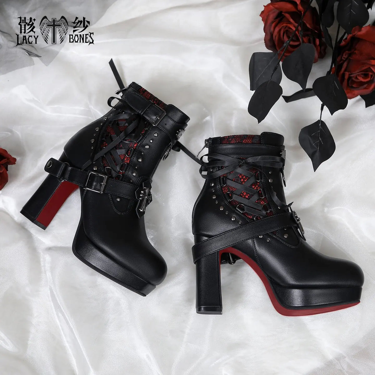 Punk Gothic Style Chunky Heel Ankle Boots For Women Black Leather With Red Sole Cross & Rivet Decor Aesthetic Lolita Footwear