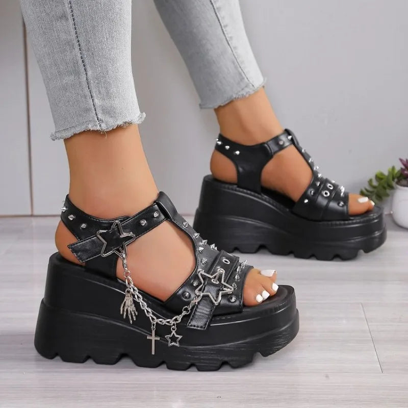 Summer 2026 Thick Bottom Sandals for Women Open Toe Chunky Platform Black Sandals Woman High Wedge Heels Sandles Female