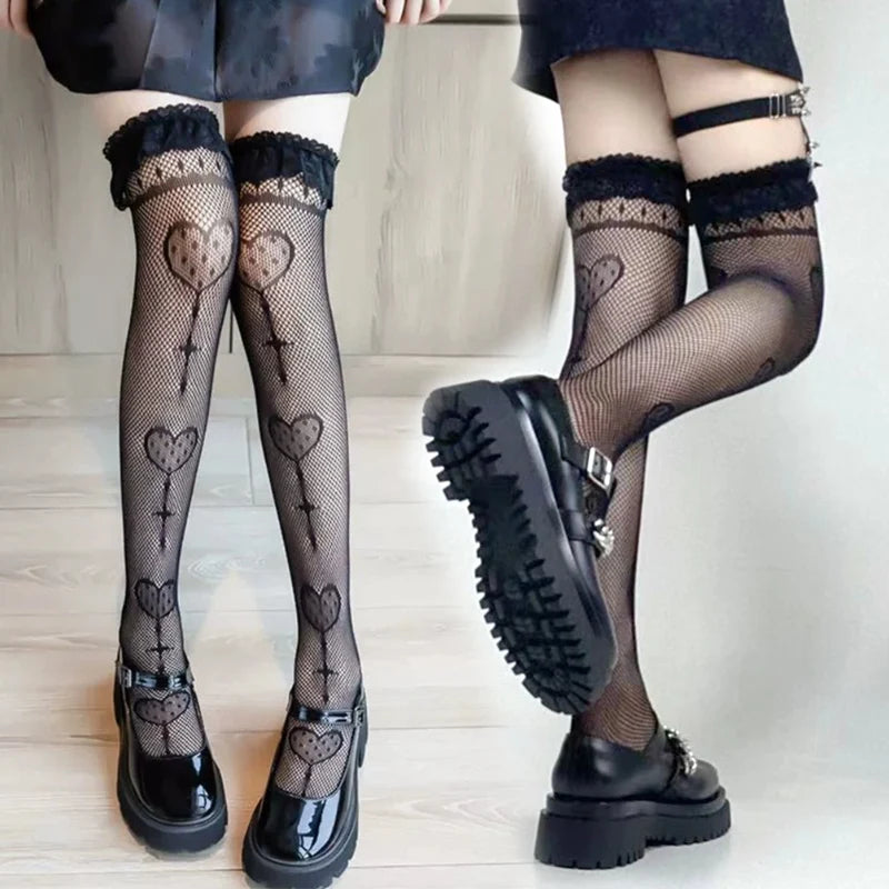 Women Goth Lolita Fishnet Socks Japan Style Kawaii Cute Knee Sexy Mesh Stockings JK Sweet Girls Lace Frilly Ruffle Long Socks