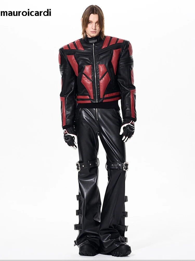 Mauroicardi Spring Autumn Cool Handsome Long Black Pu Leather Flare Pants for Men Rivet Luxury Designer Alternative Emo Clothes