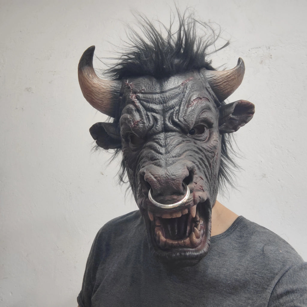 Scary Bull Mask with Horns Nose Ring Fangs Black Hair for Halloween Costume Cosplay Party Animal Headgear