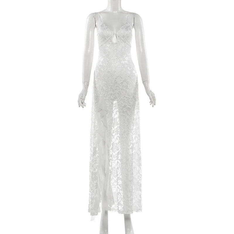 Goth Dark Spaghetti Strap Mesh See Through Long Dress Women Fairycore Beach Outfits Y2K Gothic Aesthetic Hem Split Party Dresses
