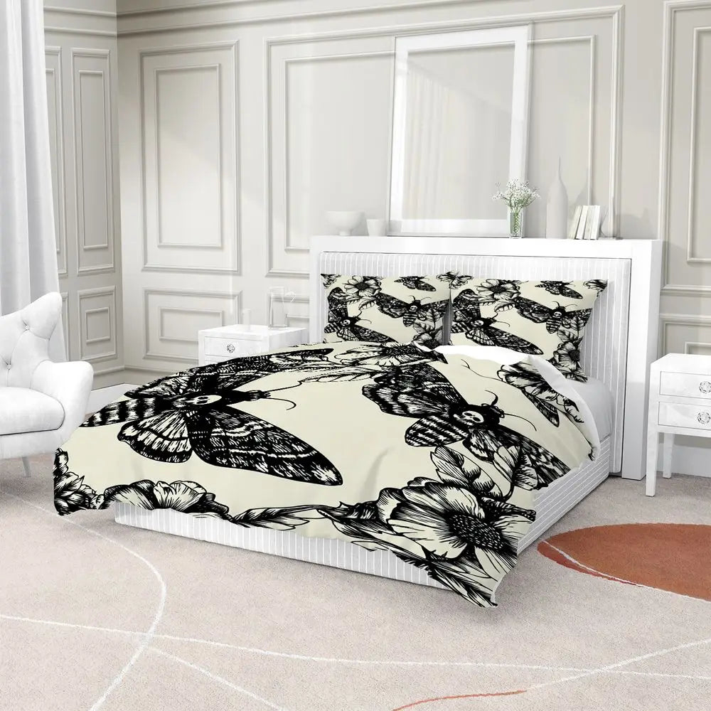 Gothic Moth Flower Duvet Cover Set Skull Butterfly Print Bedding Set Microfiber Aesthetic Home Decor Bedroom Comforter