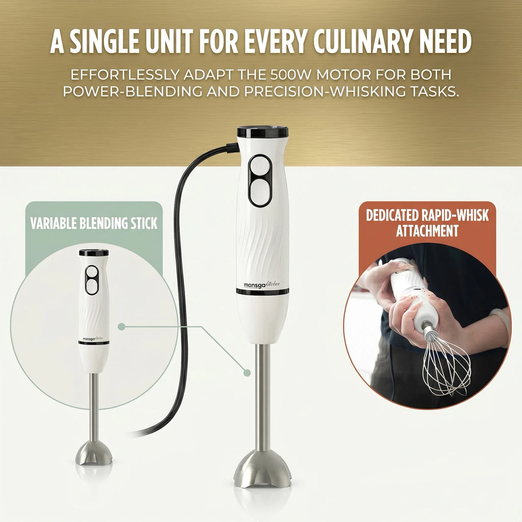 MONSGA By erabros Electric Hand Immersion Blender Mixer, 4 in 1 Hand Mixer Detachable Stick Blender Multifunctional Egg Whisk Milk Frother with 2 Mixing Speed, Includes Vegetable Chopper Meat Grinder Juice Whisk Cup