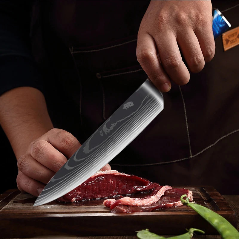 Japanese Santoku Knife 10pcs Damascus Pattern Knives Set Chef's Knife Boning Knife Meat Cleaver Vegetable Slicing Knives