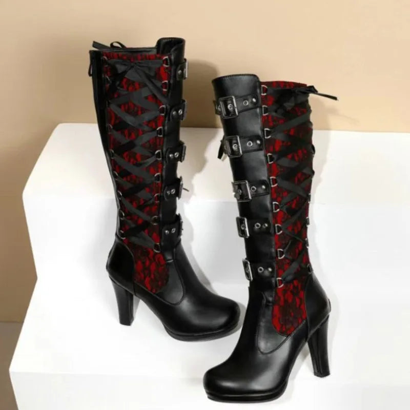 Punk Gothic Style Women's Knee High Boots Ladies Motorcycle Boots Comfort Long Tube Knight Boots Platform High Heels Women Shoes