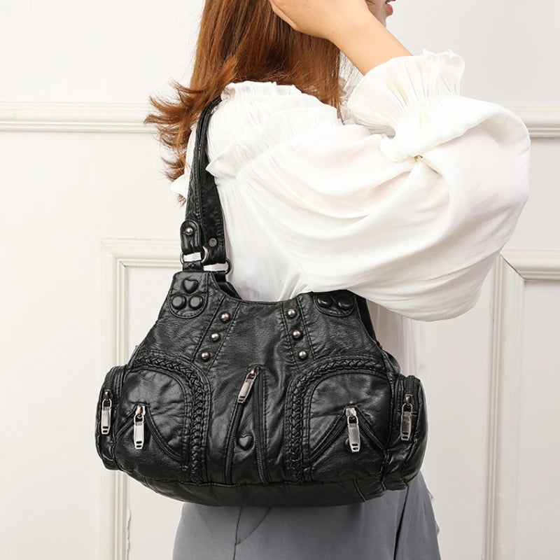 Black Y2k Women Shoulder Bag Vintage Punk Goth Fashion Designer Pu Leather Tote Bag Large Capacity Rivet Motorcycle Handbag