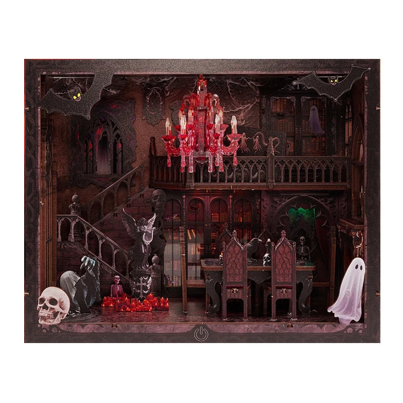 DIY Wooden Book Nook Shelf Insert Kit Halloween Dark House Bookend Miniature Model Kits Bookshelf with Light for Friends Gifts