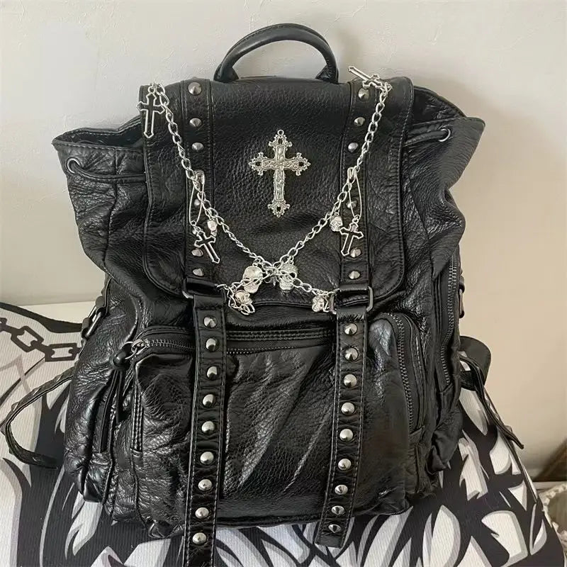Grunge Rivet Black Y2k Backpack Women Gothic Subculture Punk Cross Black Mochila Ladies Vintage Harajuku Backpacks Aesthetic
