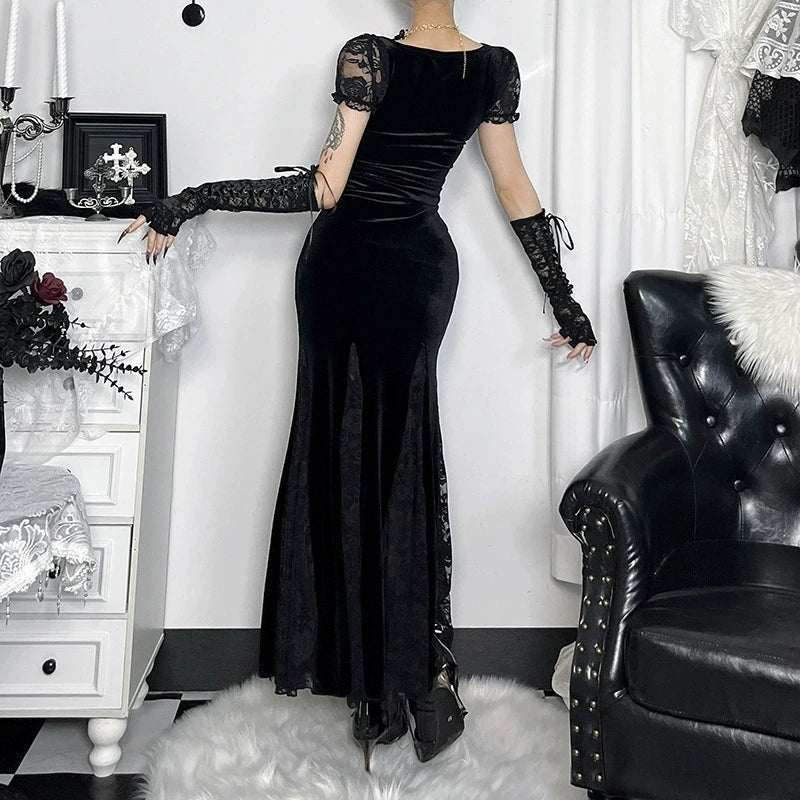 Goth Dark Women Elegant Fashion Short Sleeve Maxi Dress Halloween Party Outfits Mall Gothic Lace Patchwork Mermaid Dresses Slim