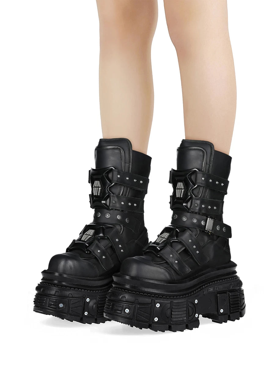 Cyberpunk Metal Black Motorcycle Boots 2025 New Street Rock Thick Sole Round Short Boots 36-45 Fashion Sports Casual Gothic Boot