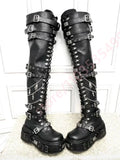 Black Street Fashion Thigh High Boots Multi Metal Buckle Chain Gothic Punk Lace Up Wedge Heel Over The Knee Platform Women Boots