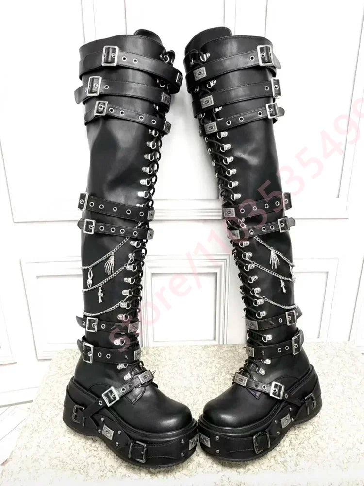 Black Street Fashion Thigh High Boots Multi Metal Buckle Chain Gothic Punk Lace Up Wedge Heel Over The Knee Platform Women Boots