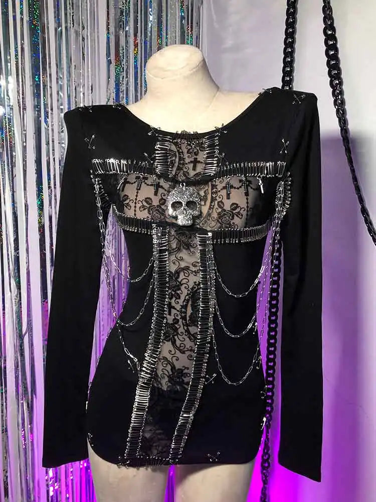 Harajuku Teen Punk Rock DIY E-Girls Gothic T-Shirt Emo Y2K TOPS Cross Grunge Kawaii Eco Goth Hand Made Pin 90s Rave Outfits