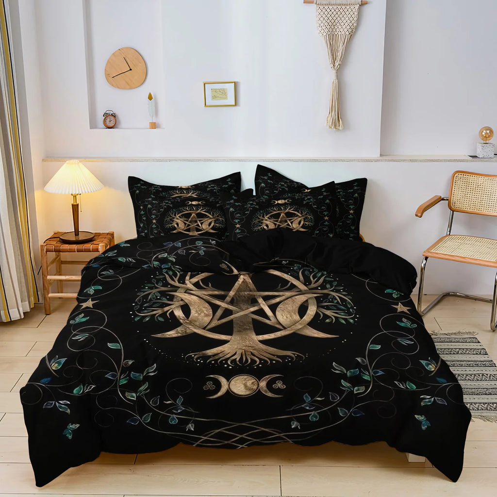 3pcs Tree Of Life, Pentagram, Triple Moon Phase,Green Vines And Leaves Digital Print Bedding Duvet Cover Set