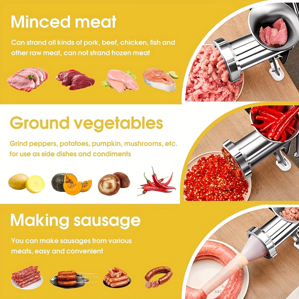 Manual Meat Grinder Stainless Steel Hand Crank Food Processor with Table Clamps Multipurpose Kitchen Tool for Meat Vegetable