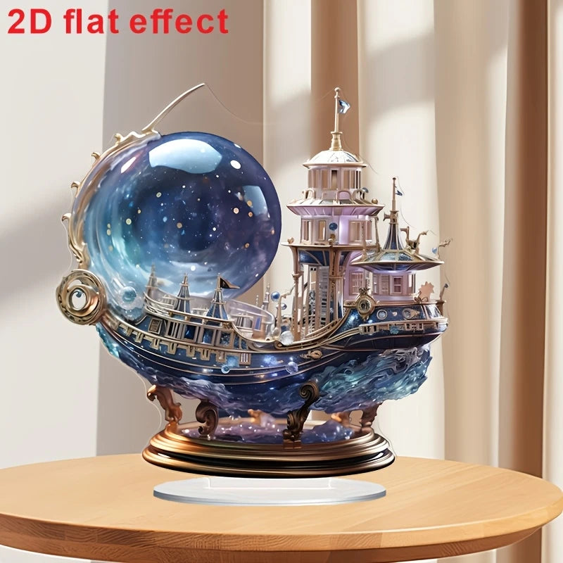 2D Bohemian Style 8in Acrylic Purple Crystal Ship Figurine Flat Mysterious Sailing Ship Decoration for Bedroom Office Desk