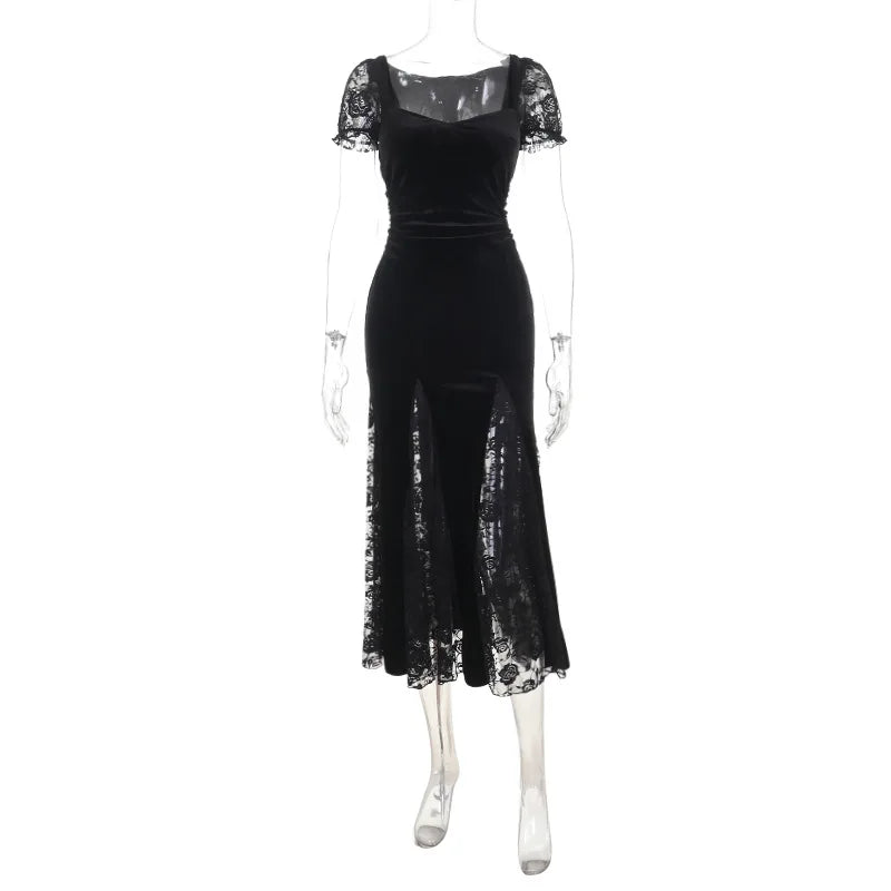 Goth Dark Women Elegant Fashion Short Sleeve Maxi Dress Halloween Party Outfits Mall Gothic Lace Patchwork Mermaid Dresses Slim