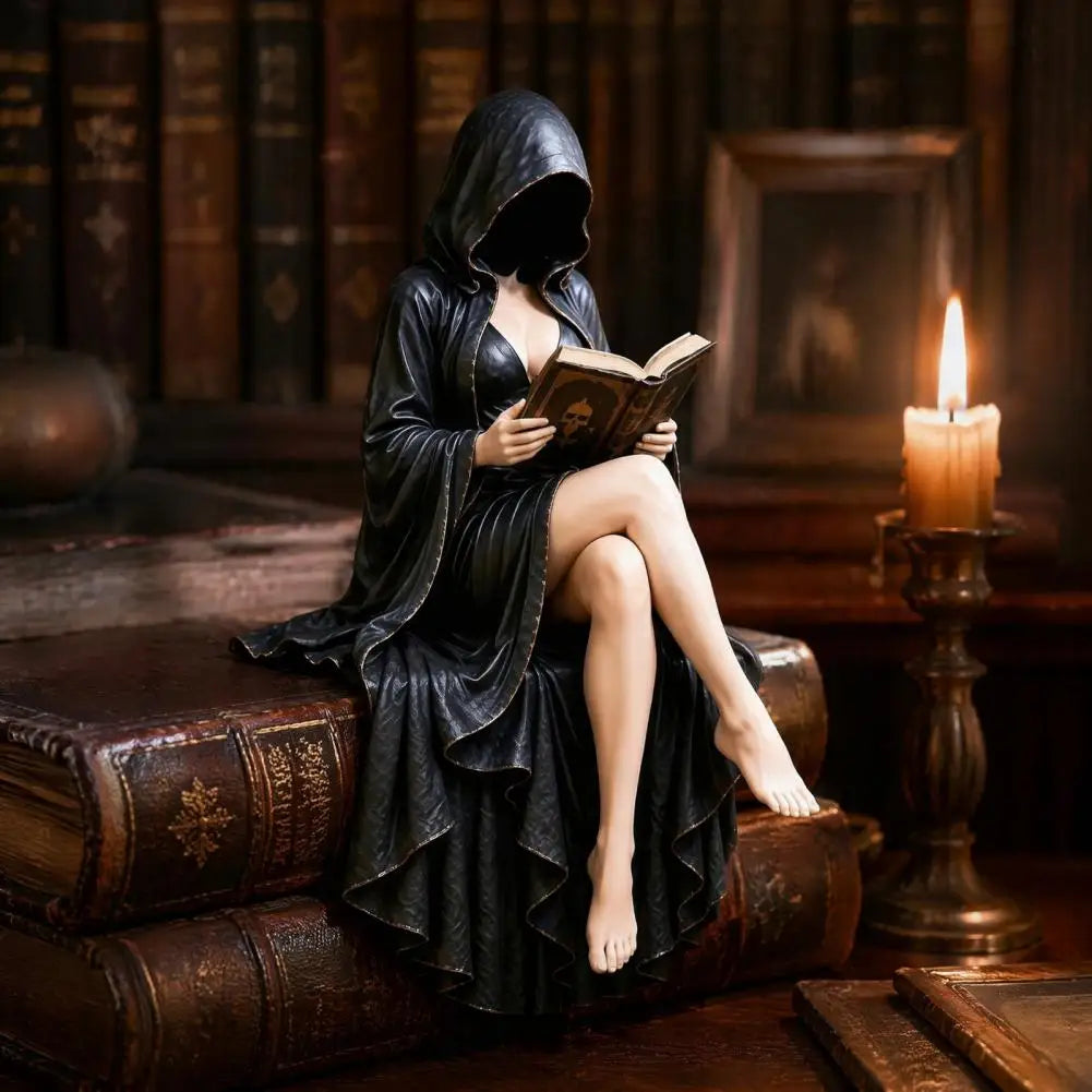 Skeleton Reader Statue Dark Fantasy Reading Corner Decor Reader Statue Resin Figurine Hooded Skeleton Reaper Sitting Book Decor