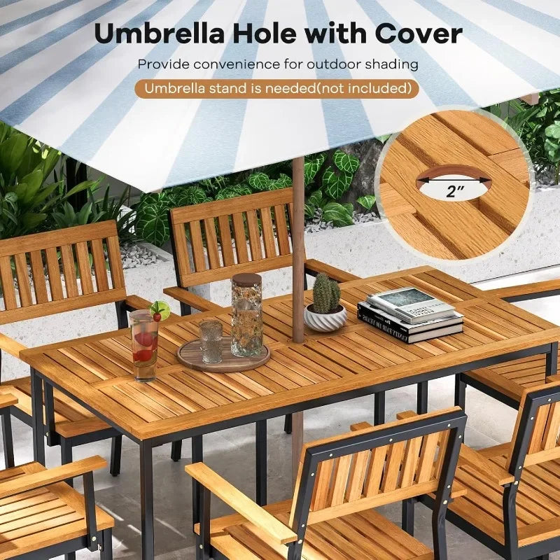 Tangkula 7 Piece Outdoor Dining Set for 6, Acacia Wood Rectangular Dining Table & 6 Armchairs w/Metal Frame, Umbrella Hole