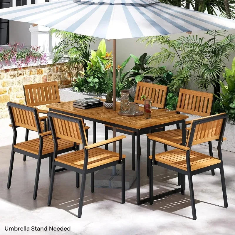 Tangkula 7 Piece Outdoor Dining Set for 6, Acacia Wood Rectangular Dining Table & 6 Armchairs w/Metal Frame, Umbrella Hole