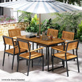 Tangkula 7 Piece Outdoor Dining Set for 6, Acacia Wood Rectangular Dining Table & 6 Armchairs w/Metal Frame, Umbrella Hole
