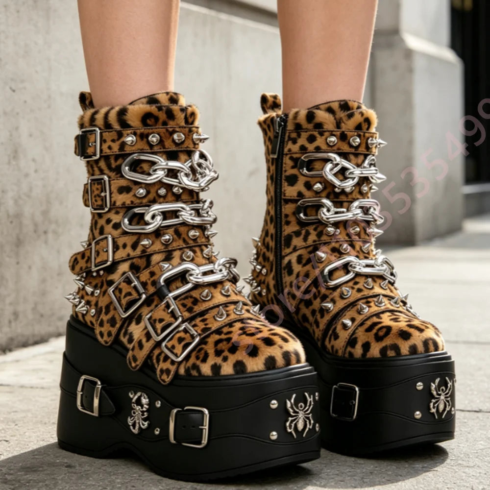 Women Leopard Platform Ankle Boots Spikes Chain Multi‑Buckle Spider Scorpion Metal Gothic Punk Y2K Street Fashion Wedge Boots