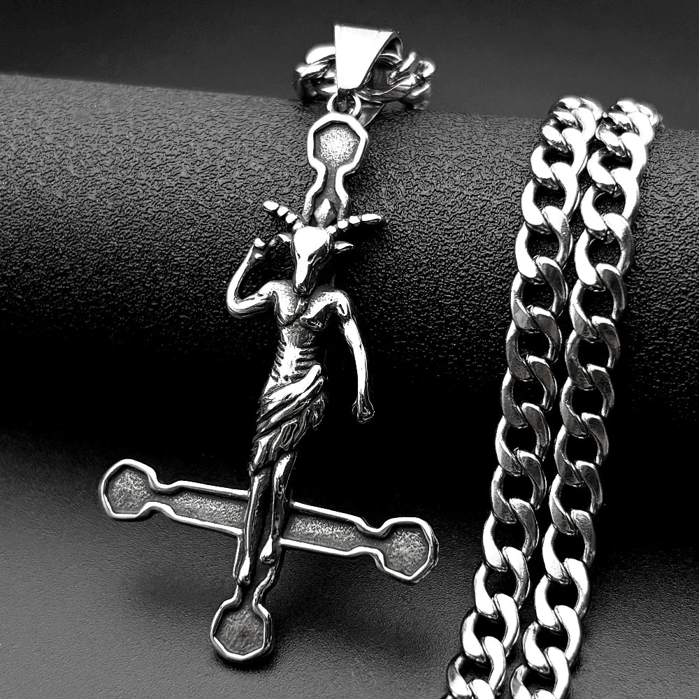 Baphomet Goat Satanic Satan Demon Devil Inverted Cross Pendant Necklace for Women Men Stainless Steel Silver Color Retro Jewelry