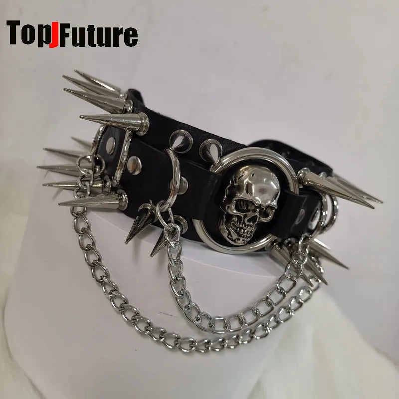 Y2K Gothic Punk Dark Rock Style Subculture PU Leather Skull Inlay Rivet Spikes Decor Metal Chain Necklace Alternative Choker