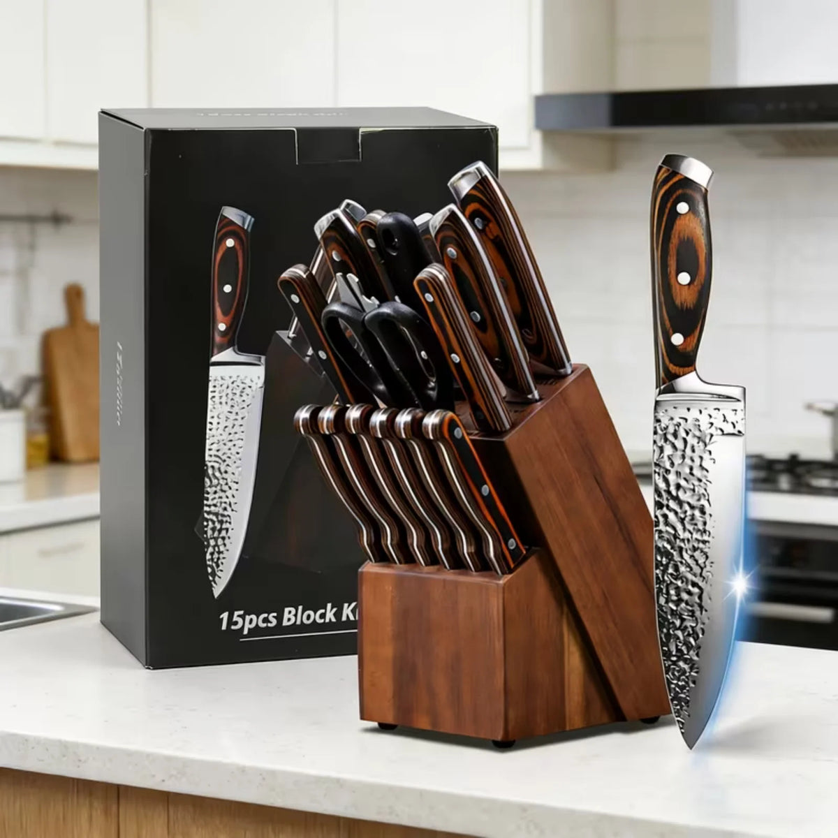 Professional 15PCS Forged Hammer Finish Kitchen Knife Set Pakka Wooden Handle Kitchen Cutlery Set with Knife Block Scissors Sharpener Complete Household Cooking Knives