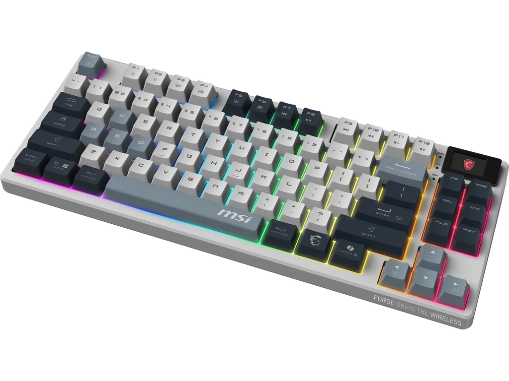 MSI Forge GK600 TKL Wireless Gaming Keyboard - Mechanical Linear Switches, Dye-Sublimated PBT Keycaps, Anti-Slip Base, RGB, USB 2.0, Bluetooth, 2.4 GHz - White