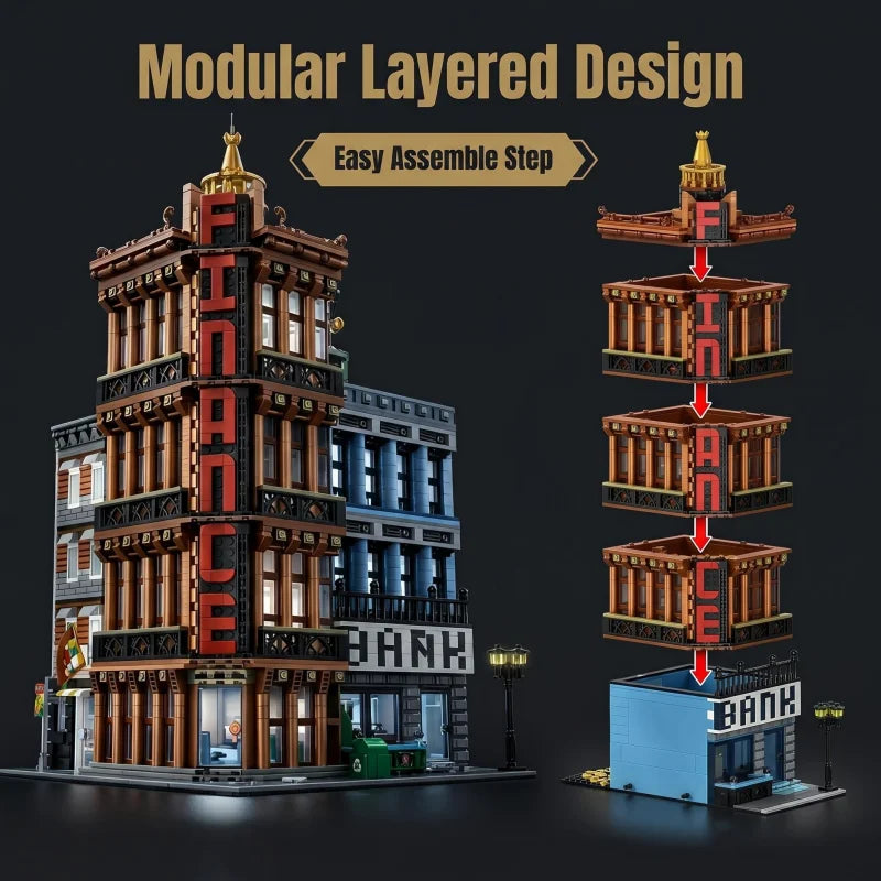 Adult modular building block set with 3,763 pieces, featuring a corner financial center street scene model, including bank and s