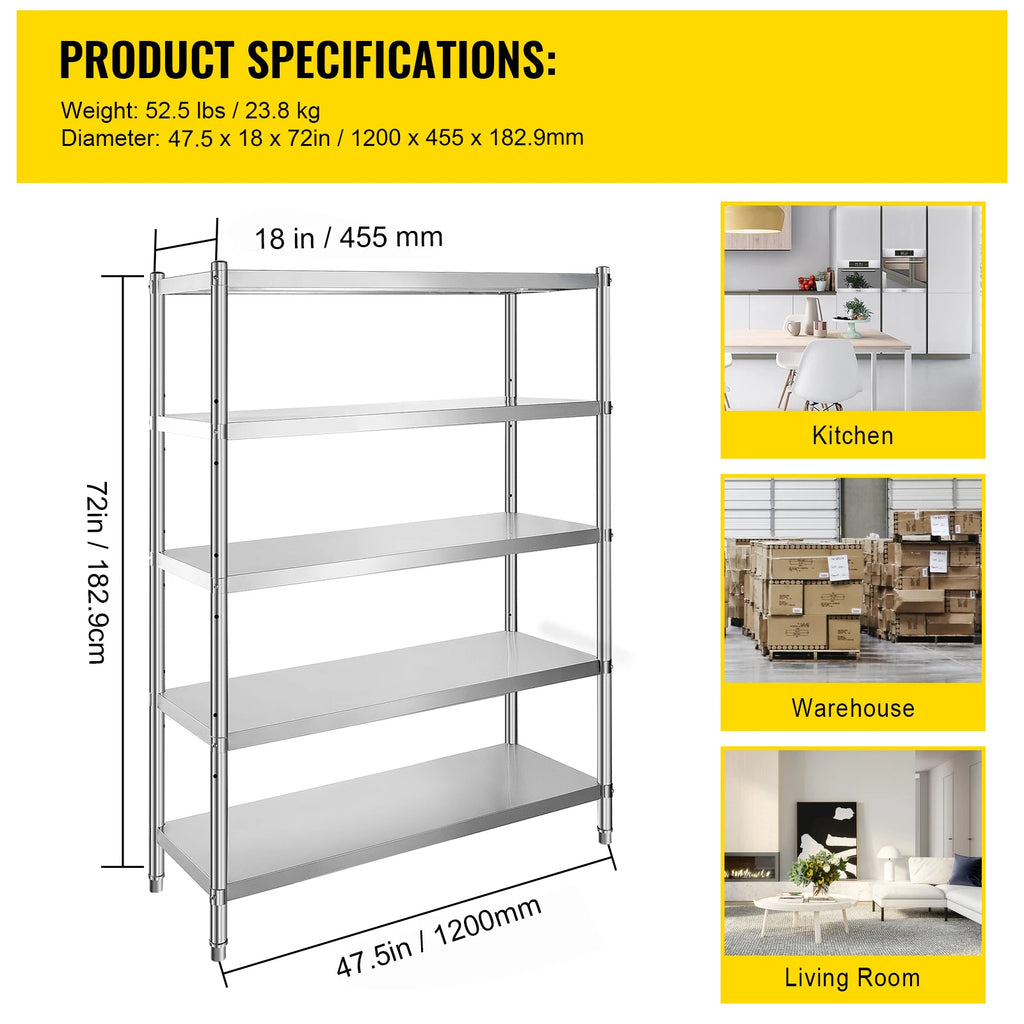 SucceBuy Tier Stainless Steel Shelves Adjustable Shelf Storage Unit Stainless Steel Rack Shelving for Kitchen Commercial Use