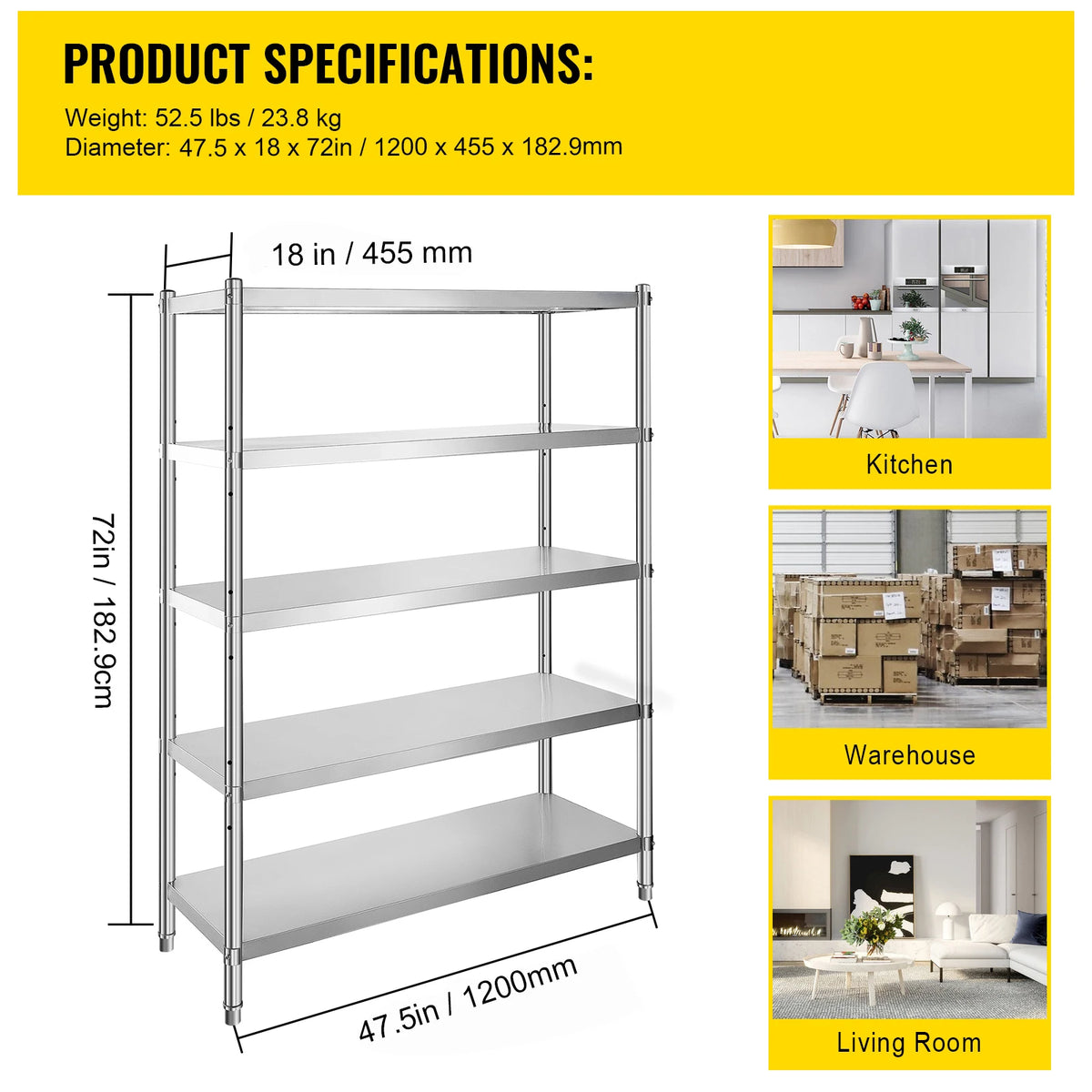 SucceBuy Tier Stainless Steel Shelves Adjustable Shelf Storage Unit Stainless Steel Rack Shelving for Kitchen Commercial Use