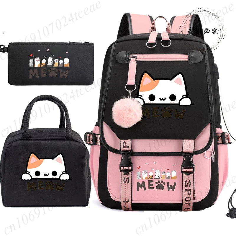 Teenager School Backpack for Students Daily Bagpack Backpacks for Girl Black Cat Cartoon School Bag with Pen Lunch Bags 3pcs/set