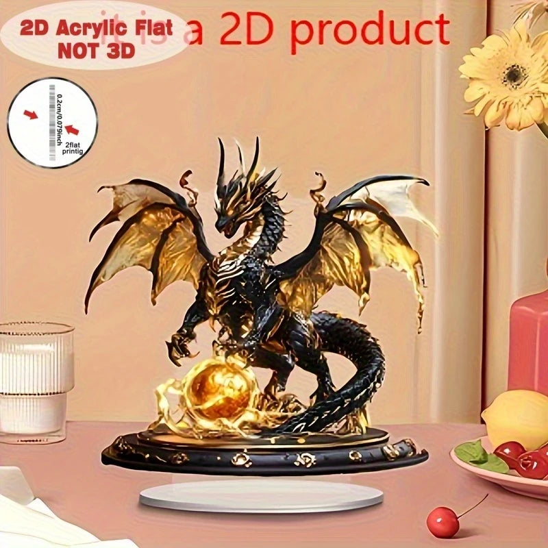 Retro Black Gold Fantasy Flame Dragon Acrylic Figurine Flat Home Desk Decoration Dragon Pattern Birthday Gift