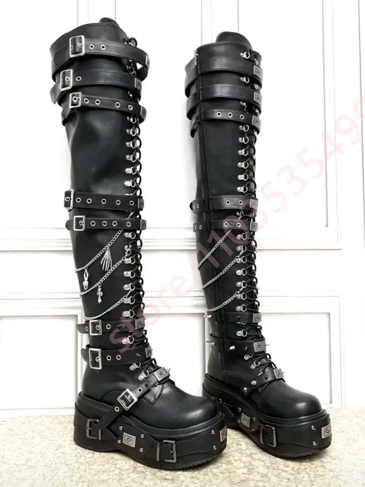 Black Street Fashion Thigh High Boots Multi Metal Buckle Chain Gothic Punk Lace Up Wedge Heel Over The Knee Platform Women Boots