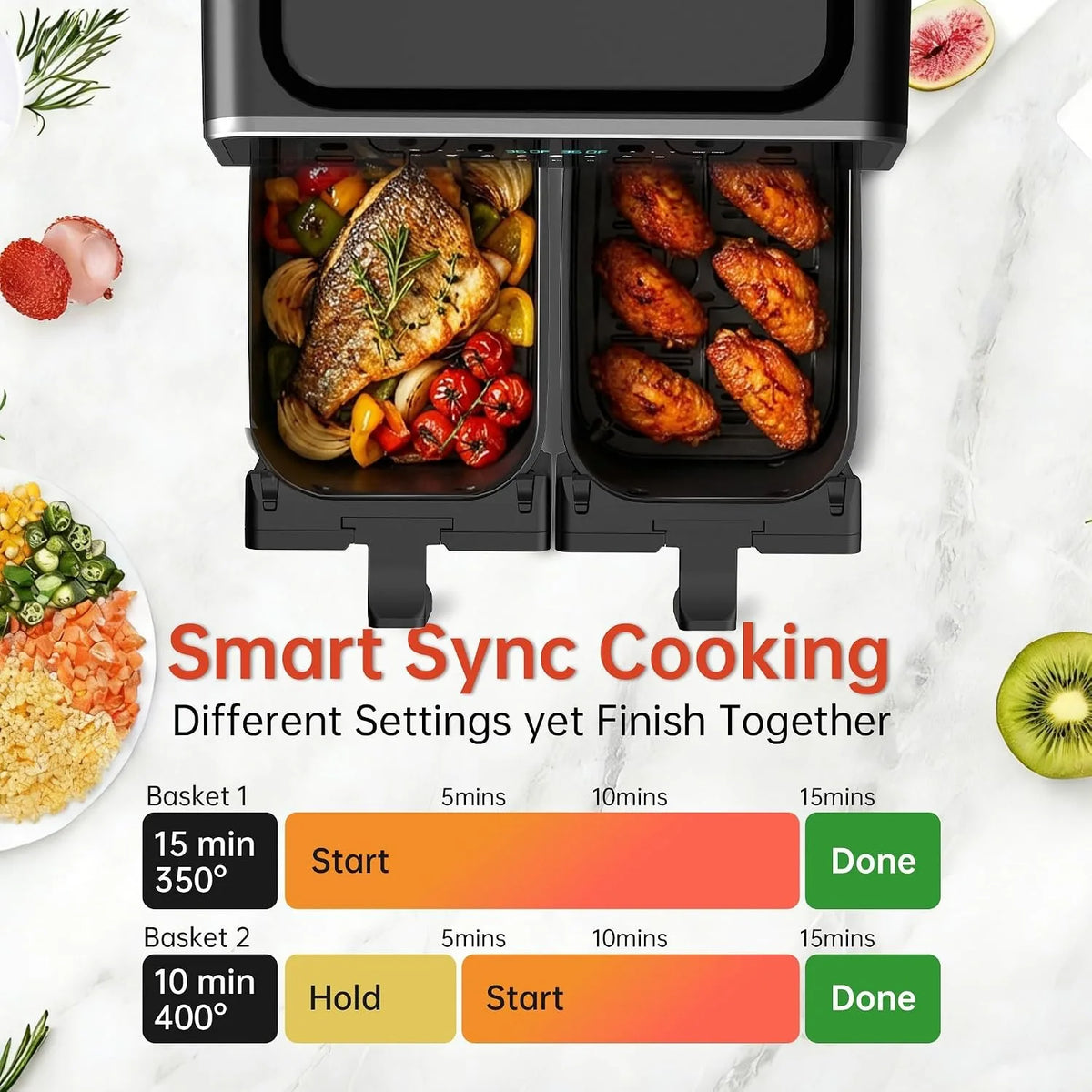 Deli 9.5QT Dual Basket Air Fryer 7-in-1 with 2 Ceramic Independent Baskets Smart Finish Digital Touchscreen for Easy Meal