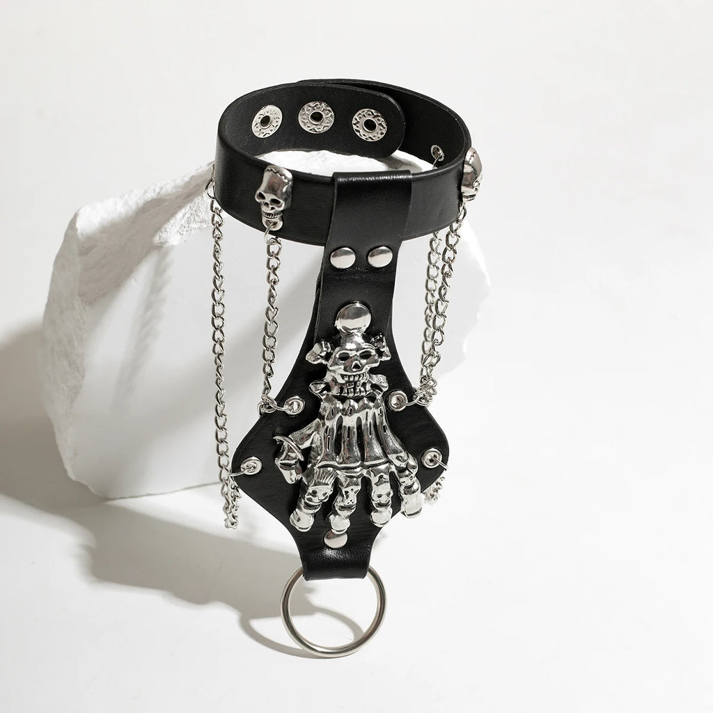 KunJoe Steampunk Skull Finger PU Leather Bracelet For Men Gothic Silver Color Link Chain Bracelets Bangles Rock Halloween