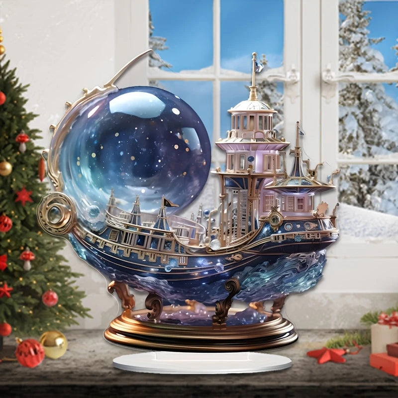 2D Bohemian Style 8in Acrylic Purple Crystal Ship Figurine Flat Mysterious Sailing Ship Decoration for Bedroom Office Desk