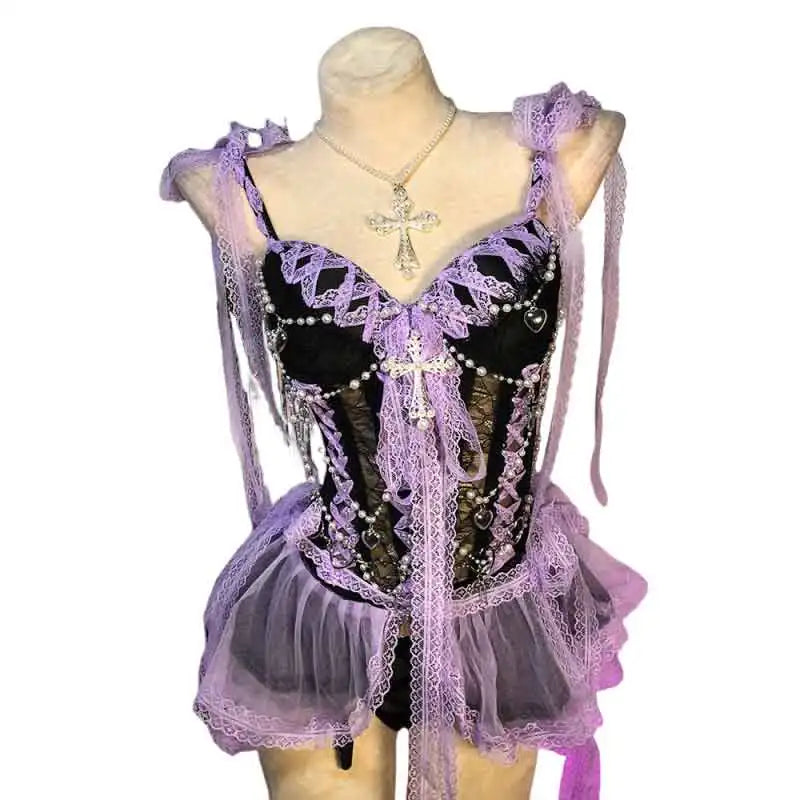 White Gothic Dress for Women Y2K Rave Cyber Punk Rock Star Goth Cross Lace Scene Emo ALT Grunge E-Girls Lolita Ball Gown Clothes