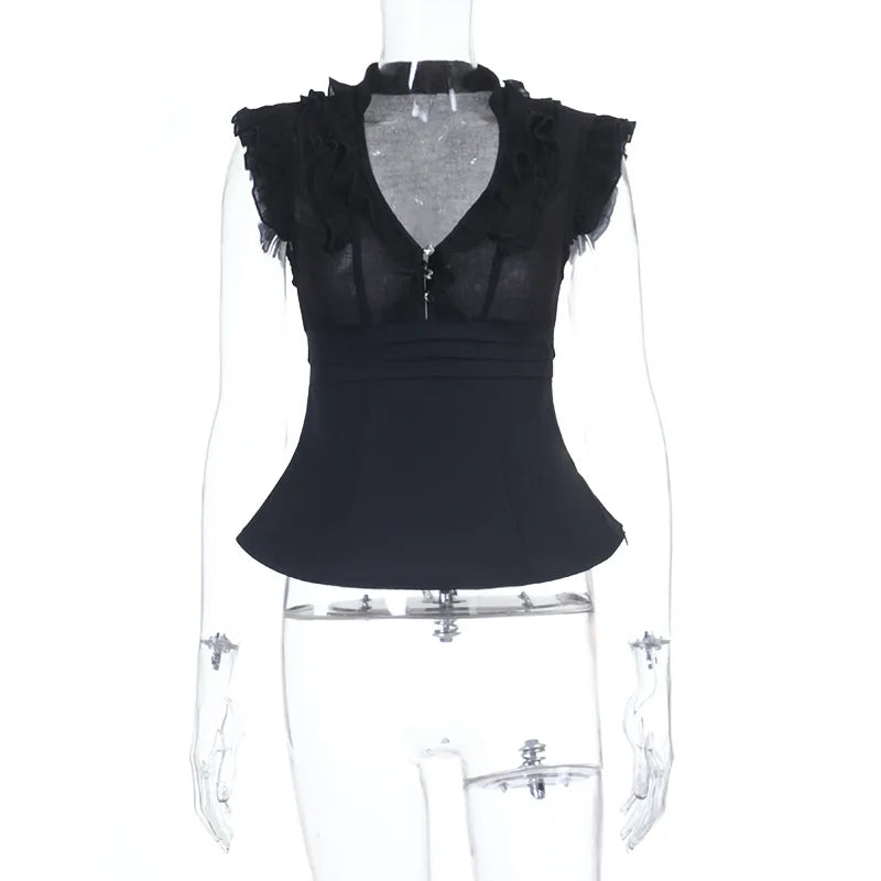 Goth Dark Women Fashion Summer Solid V-neck Tanks Top Mall Gothic Slim Sleeveless Tops Kawaii Ruffles Lace-up Vests Teachwear