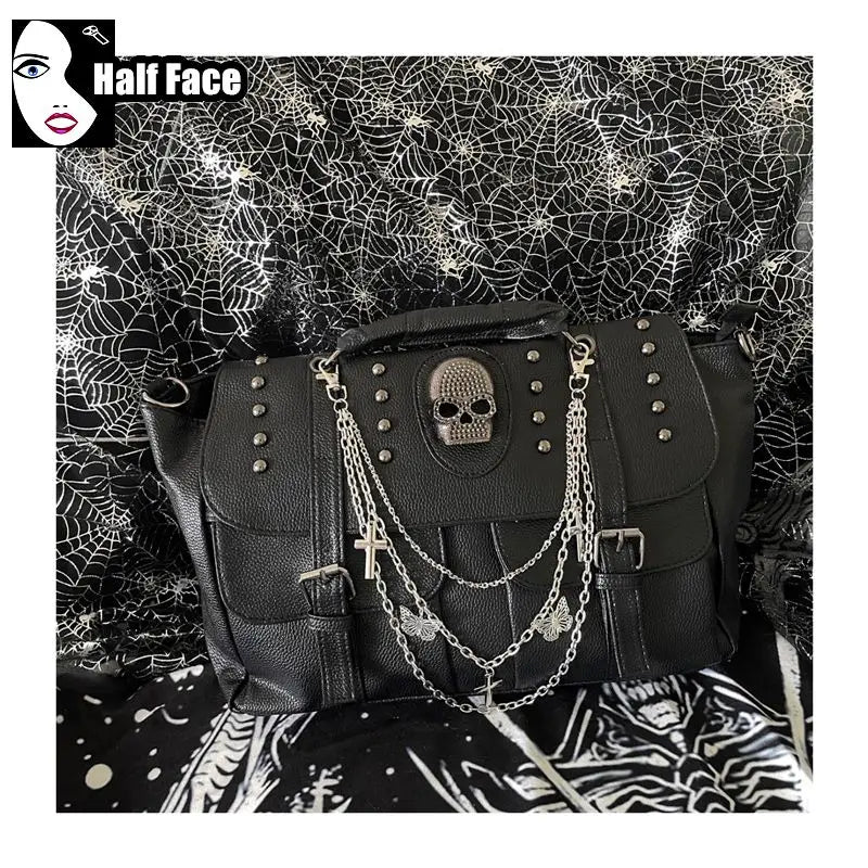 Y2K Spicy Girls Harajuku Gothic Punk Skeleton Head Chain Locomotive Subculture One Shoulder Lolita Women's Crossbody Bags Tote