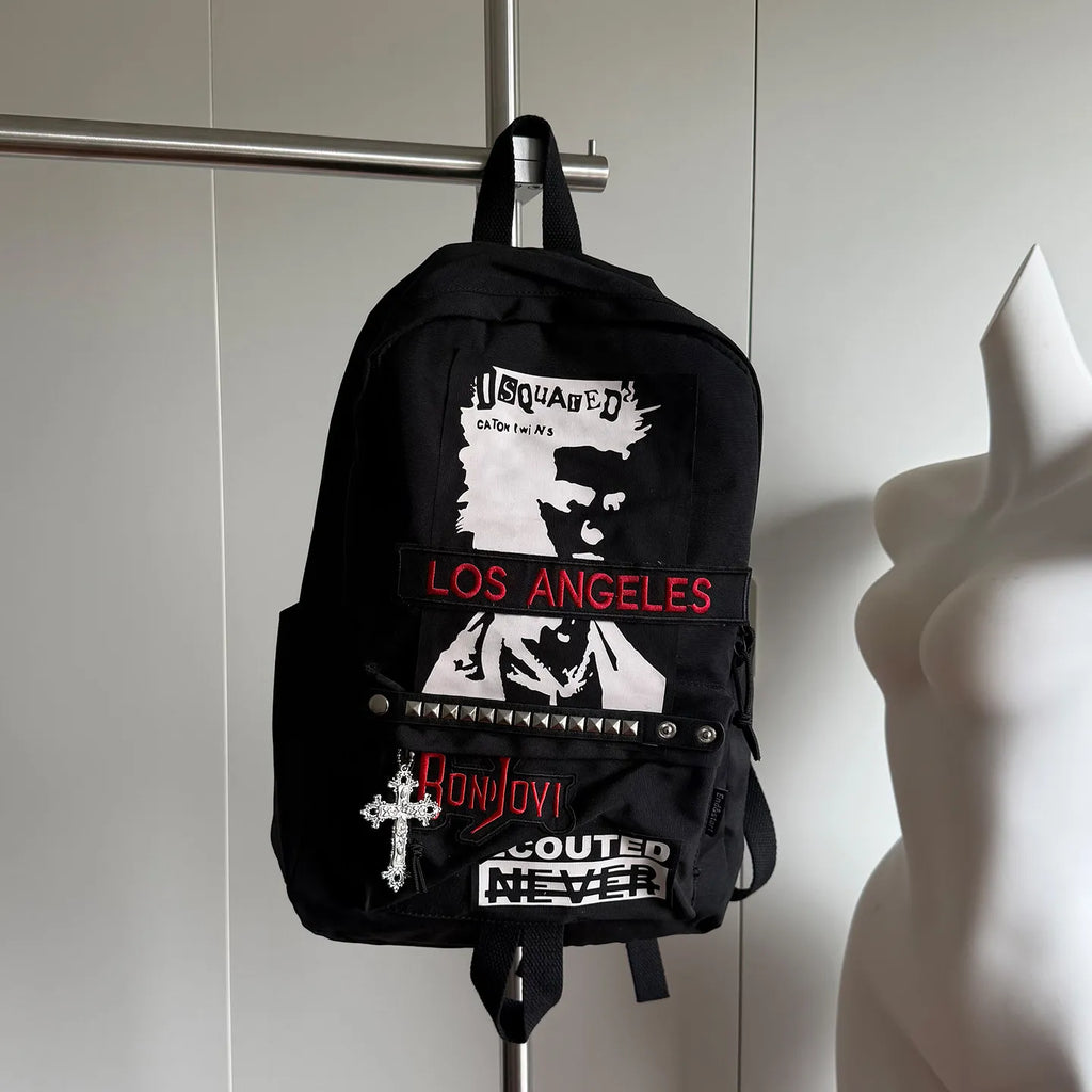 Goth Backpack Rock Punk Large Capacity Backpack Black High Street American School Bag