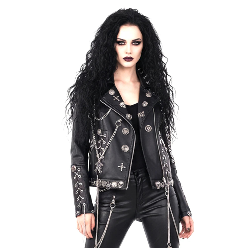 Women's Y2K Goth Black PU Leather Jacket Gothic Boho Emo Clothing with Skull Chain Punk Rock Grunge Rave Festival Coat for Teens