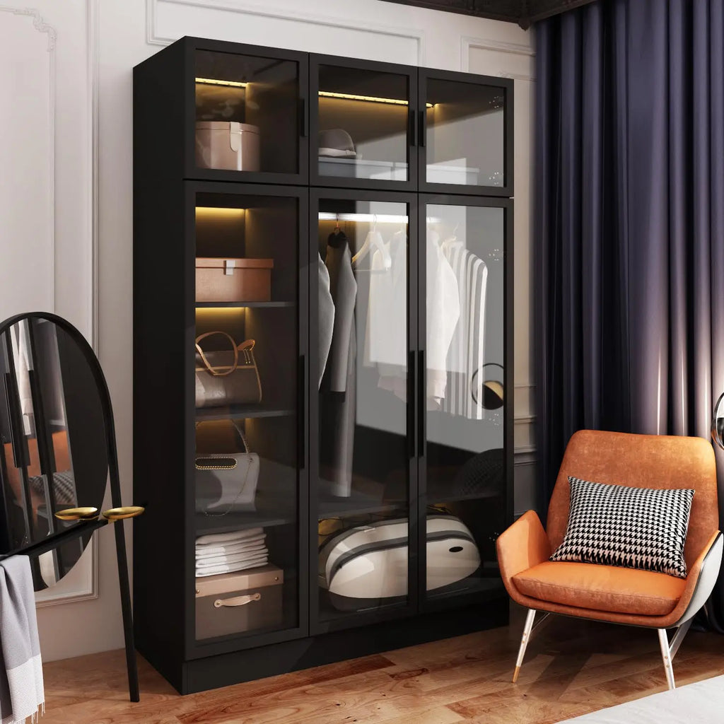 Bookcase Bookshelf with LED Lights, 5-Tier Shelves and 6 Glass Doors, 47.2" L Wooden Display Storage Cabinet with, Customized