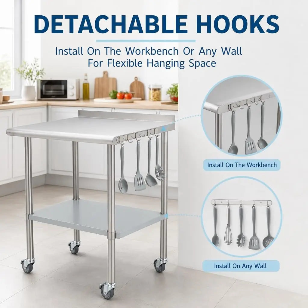 Heavy-Duty Stainless Steel Commercial Prep Table with Wheels – 30/36" Mobile Work Station with Adjustable Undershelf for Kitchen, Restaurant, Garage & Outdoor Use